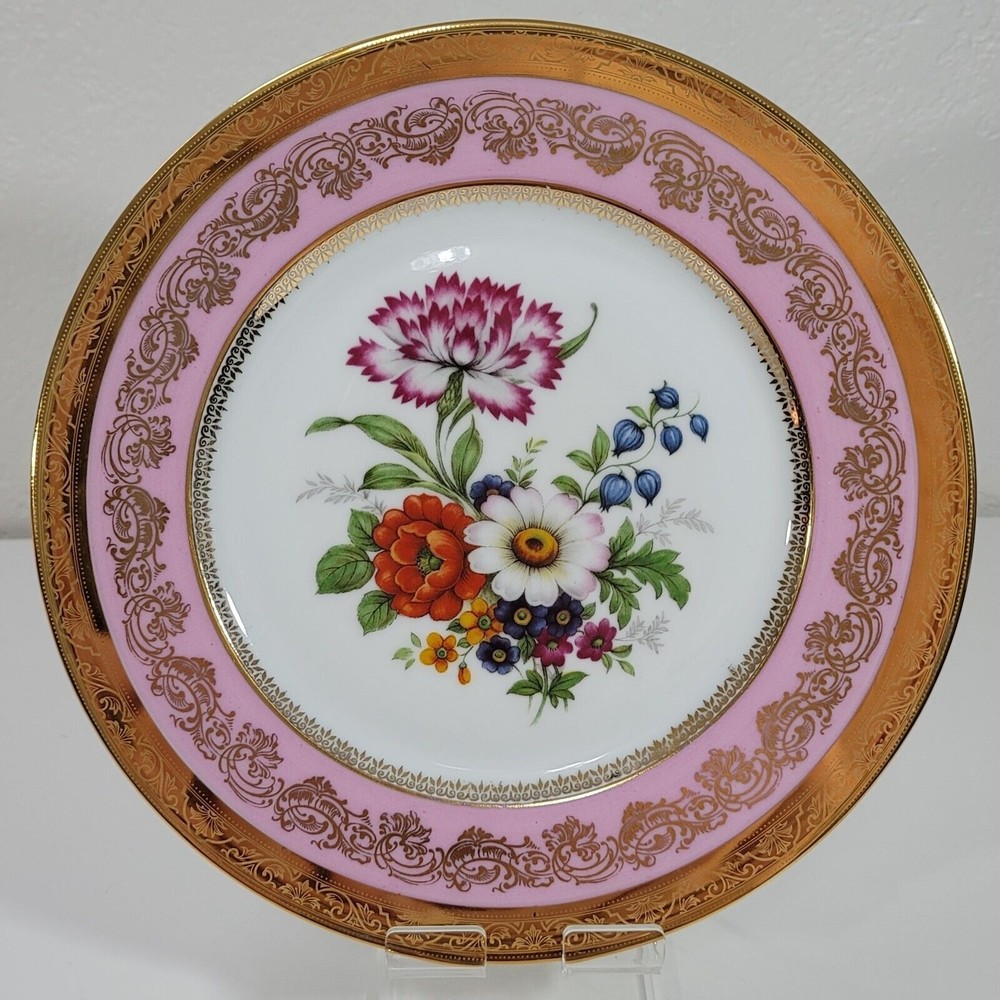 Vintage Limoges France 9 3/4" Plate Large Floral Print Double Gold Trim Scroll